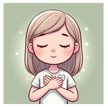 A cartoon of a woman looking calm with her hands on her chest