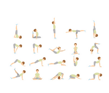 Yirmi farklı yoga pozu yapan bir çocuğun karikatür grafiği