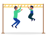 Cartoon of two people swinging on a climbing frame