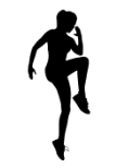 A silhouette of a woman with her right knee raised to her left elbow