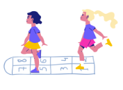 A cartoon of two girls playing hopscotch