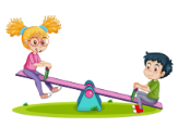 A cartoon boy and girl on a seesaw
