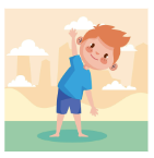 A cartoon of a boy doing a side stretch