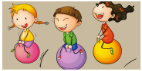 A cartoon of 3 children bouncing on space hoppers