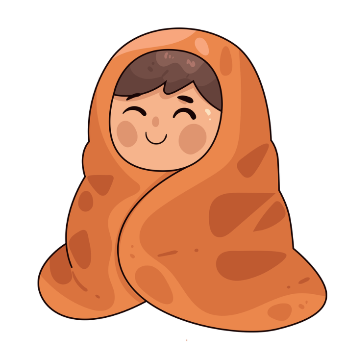 A cartoon person wrapped in an orange weighted blanket