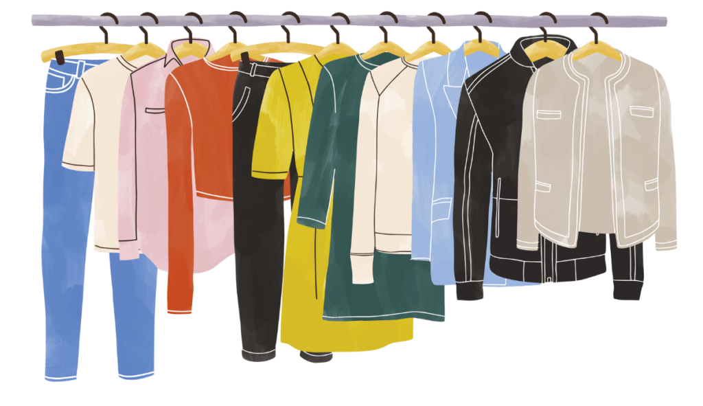 A drawing of colourful items of clothing on coat hangers hanging on a rail