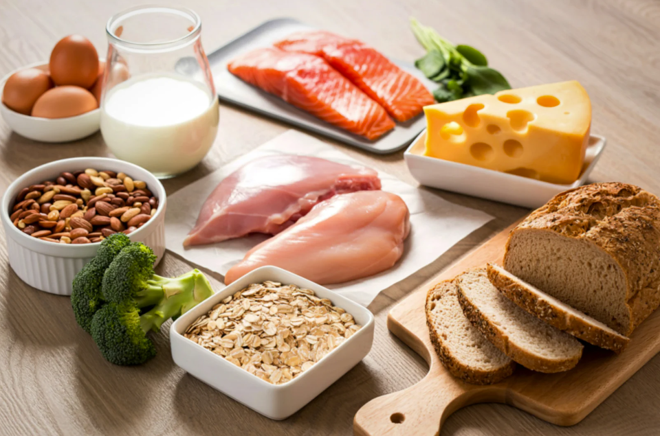 An image of eggs, milk, nuts, broccoli, oats, raw chicken, raw salmon, spinach, cheese, and brown bread on a kitchen counter