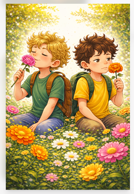 A drawing of two boys smelling on a flower, one loving it and the other one less